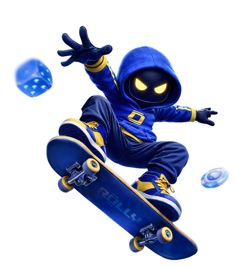 Rolly mascot on a skateboard