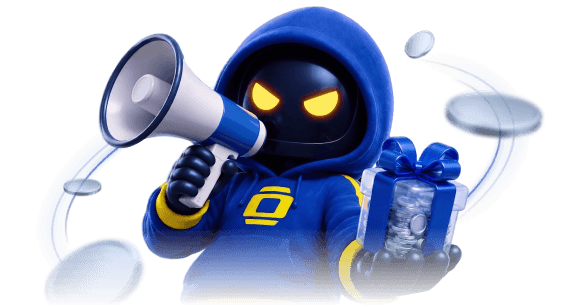 Rolly mascot holding a megaphone and a gift